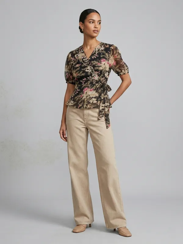 Floral_Printed_Black_Chiffon_V_Neck_Short_Puff_Sleeve_Waist_Tie-ups_Regular_Top_For_Women