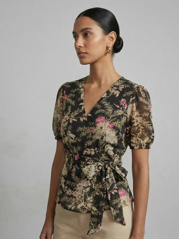 Floral_Printed_Black_Chiffon_V_Neck_Short_Puff_Sleeve_Waist_Tie-ups_Regular_Top_For_Women