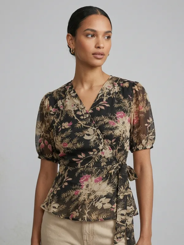 Floral_Printed_Black_Chiffon_V_Neck_Short_Puff_Sleeve_Waist_Tie-ups_Regular_Top_For_Women