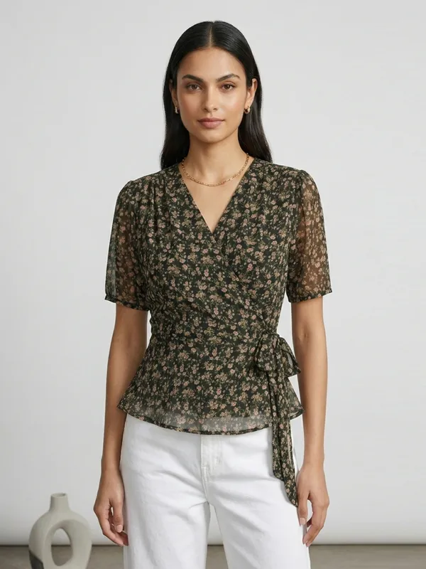 Floral_Printed_Black_Chiffon_V_Neck_Short_Puff_Sleeve_Waist_Tie-ups_Regular_Top_For_Women