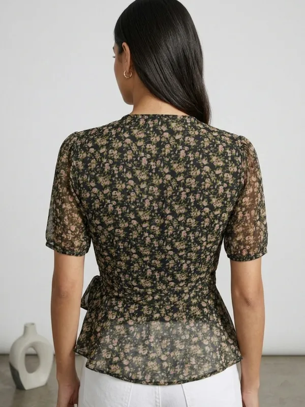 Floral_Printed_Black_Chiffon_V_Neck_Short_Puff_Sleeve_Waist_Tie-ups_Regular_Top_For_Women