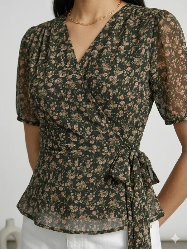 Floral_Printed_Black_Chiffon_V_Neck_Short_Puff_Sleeve_Waist_Tie-ups_Regular_Top_For_Women