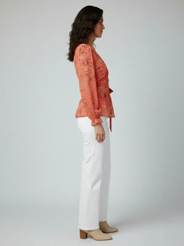Floral_Printed_Peach_Chiffon_V_Neck_Long_Puff_Sleeve_Waist_Tie-ups_Regular_Top_For_Women