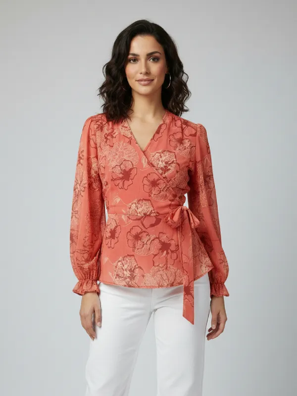 Floral_Printed_Peach_Chiffon_V_Neck_Long_Puff_Sleeve_Waist_Tie-ups_Regular_Top_For_Women