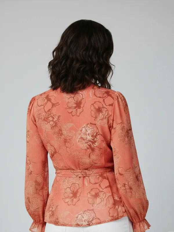 Floral_Printed_Peach_Chiffon_V_Neck_Long_Puff_Sleeve_Waist_Tie-ups_Regular_Top_For_Women