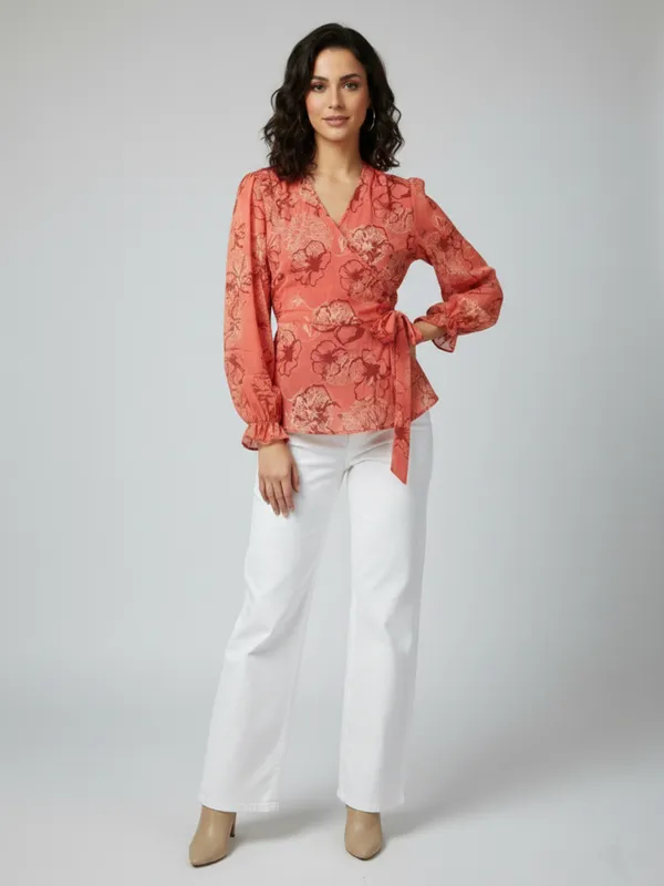Floral_Printed_Peach_Chiffon_V_Neck_Long_Puff_Sleeve_Waist_Tie-ups_Regular_Top_For_Women