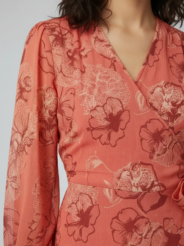 Floral_Printed_Peach_Chiffon_V_Neck_Long_Puff_Sleeve_Waist_Tie-ups_Regular_Top_For_Women