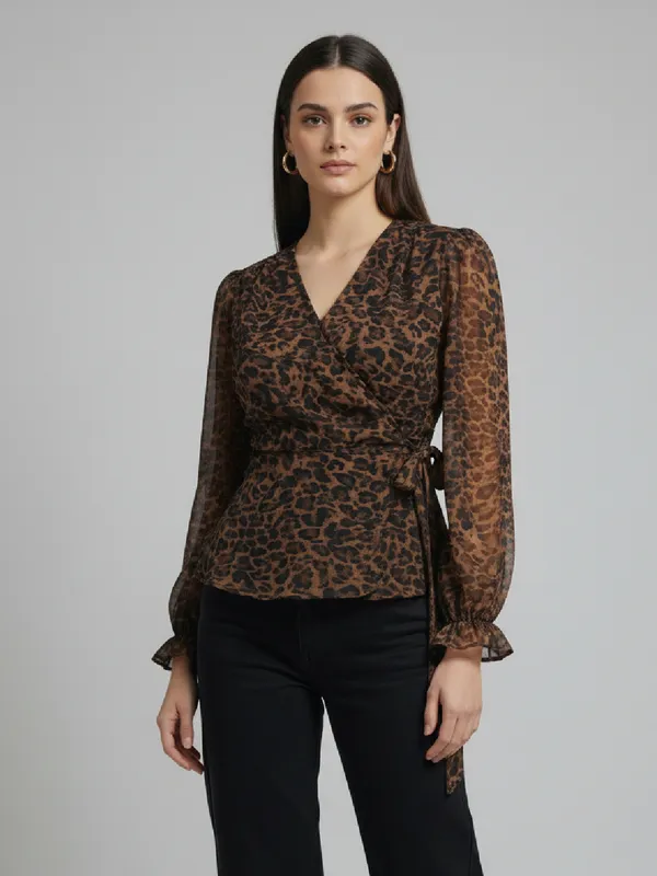 Animal_Printed_Brown_Chiffon_V_Neck_Long_Puff_Sleeve_Waist_Tie-ups_Regular_Top_For_Women
