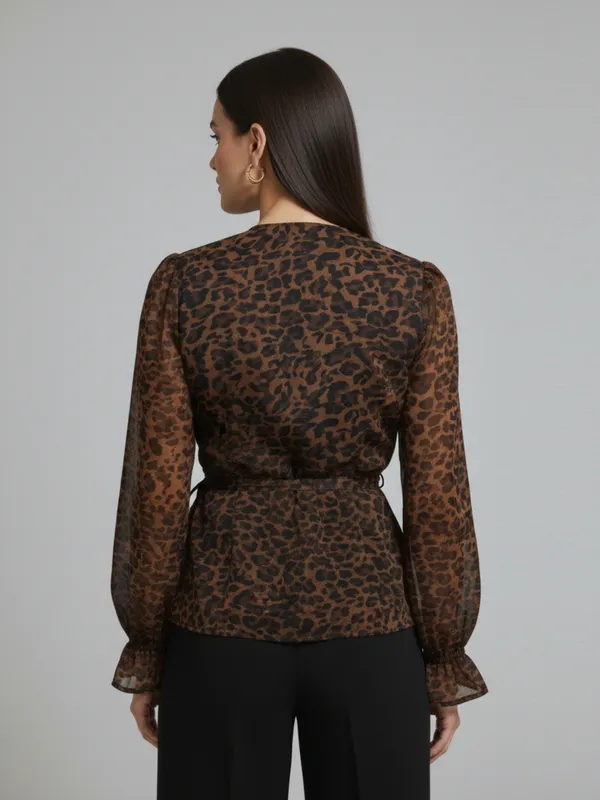 Animal_Printed_Brown_Chiffon_V_Neck_Long_Puff_Sleeve_Waist_Tie-ups_Regular_Top_For_Women