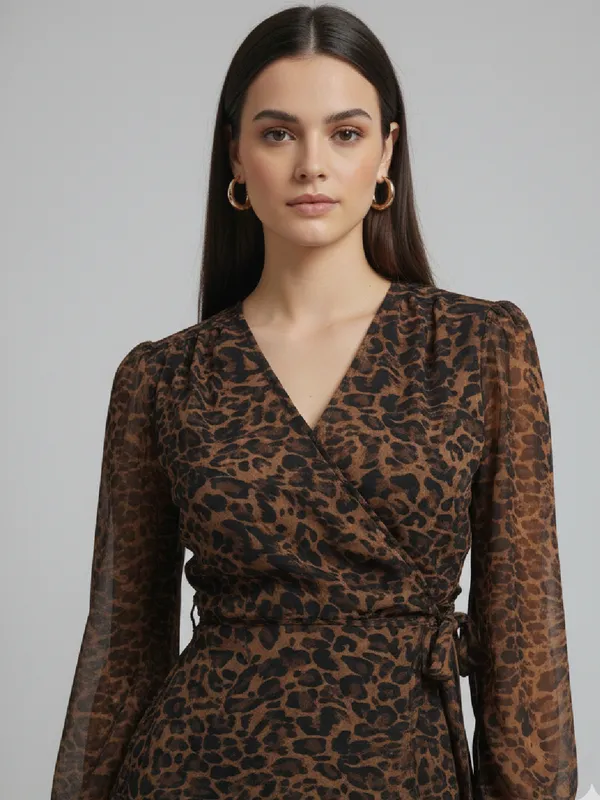 Animal_Printed_Brown_Chiffon_V_Neck_Long_Puff_Sleeve_Waist_Tie-ups_Regular_Top_For_Women