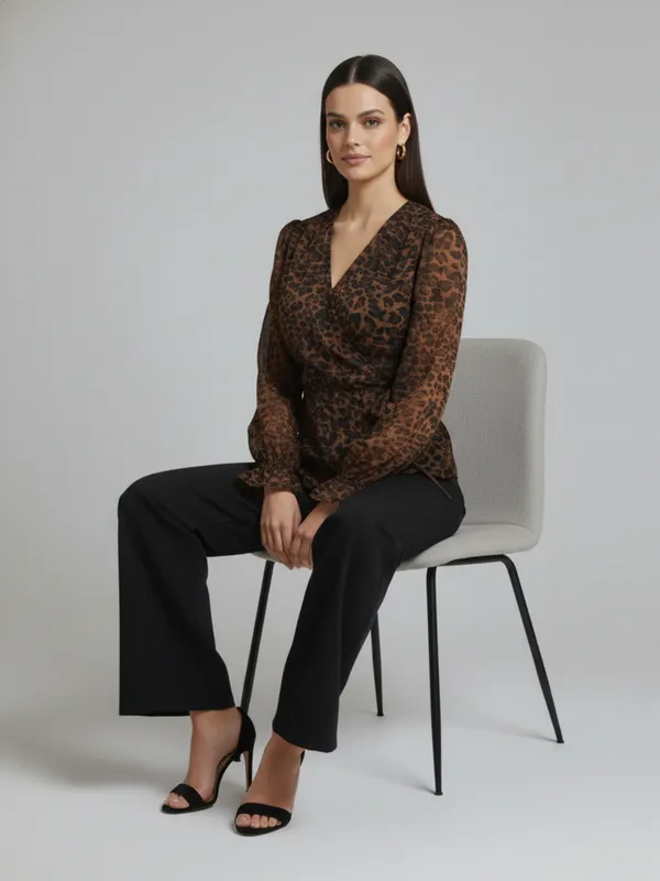 Animal_Printed_Brown_Chiffon_V_Neck_Long_Puff_Sleeve_Waist_Tie-ups_Regular_Top_For_Women