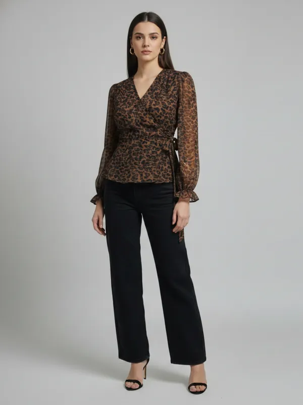 Animal_Printed_Brown_Chiffon_V_Neck_Long_Puff_Sleeve_Waist_Tie-ups_Regular_Top_For_Women