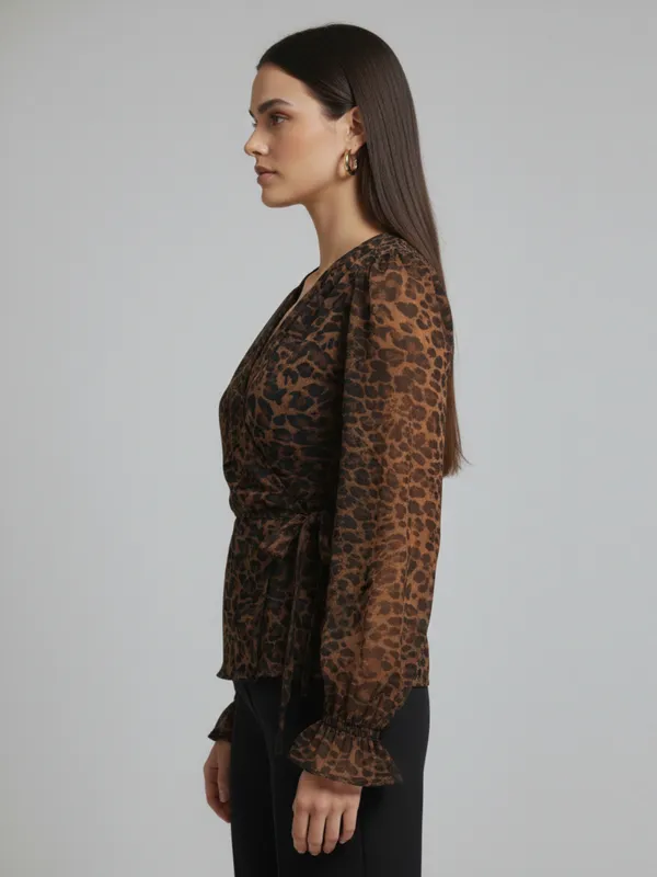 Animal_Printed_Brown_Chiffon_V_Neck_Long_Puff_Sleeve_Waist_Tie-ups_Regular_Top_For_Women