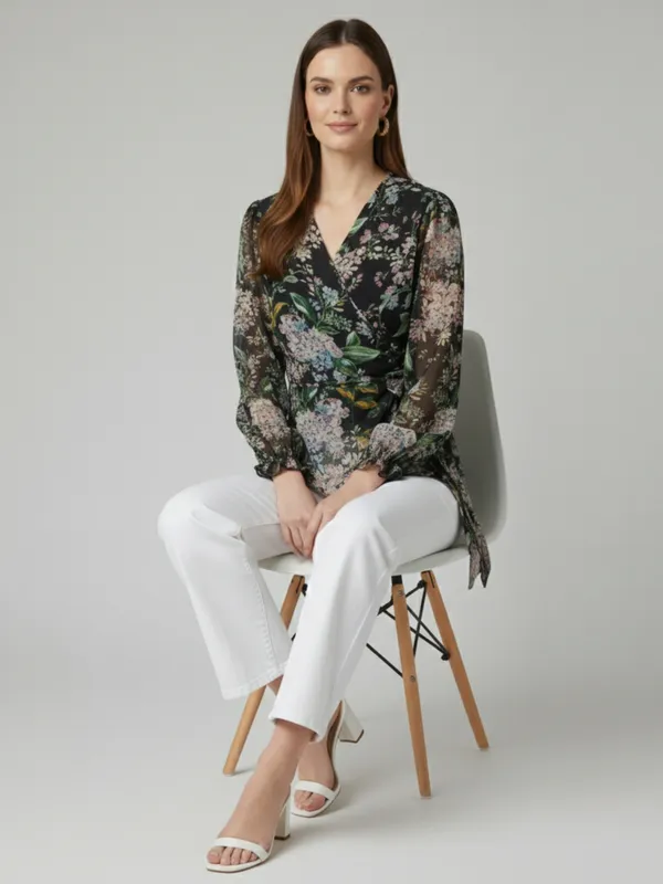 Floral_Printed_Black_Chiffon_V_Neck_Long_Puff_Sleeve_Waist_Tie-ups_Regular_Top_For_Women