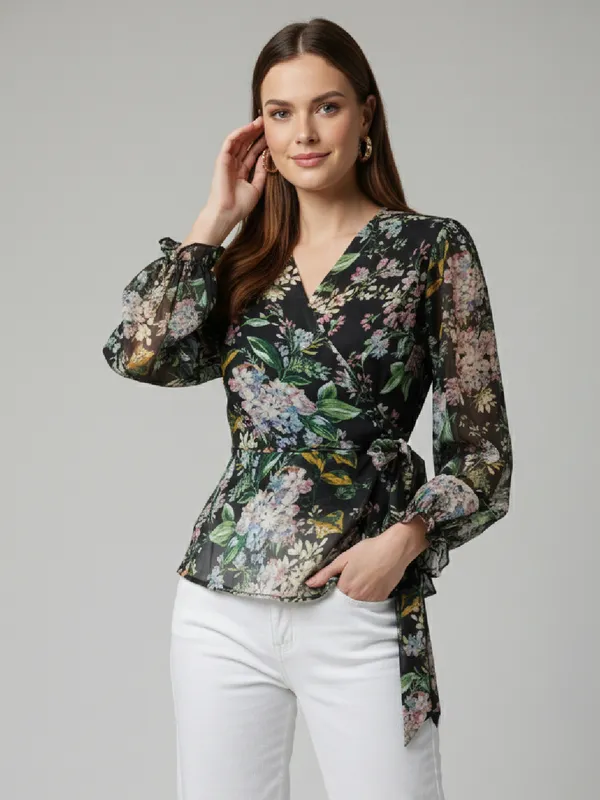 Floral_Printed_Black_Chiffon_V_Neck_Long_Puff_Sleeve_Waist_Tie-ups_Regular_Top_For_Women