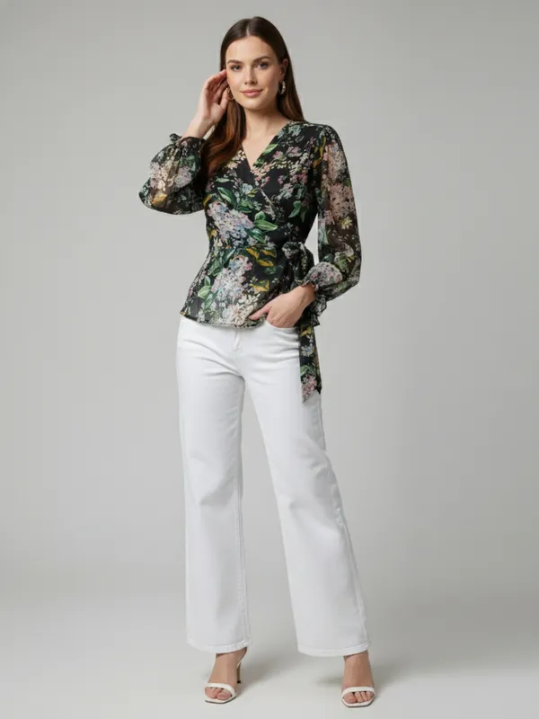 Floral_Printed_Black_Chiffon_V_Neck_Long_Puff_Sleeve_Waist_Tie-ups_Regular_Top_For_Women
