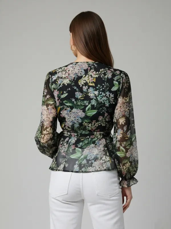 Floral_Printed_Black_Chiffon_V_Neck_Long_Puff_Sleeve_Waist_Tie-ups_Regular_Top_For_Women
