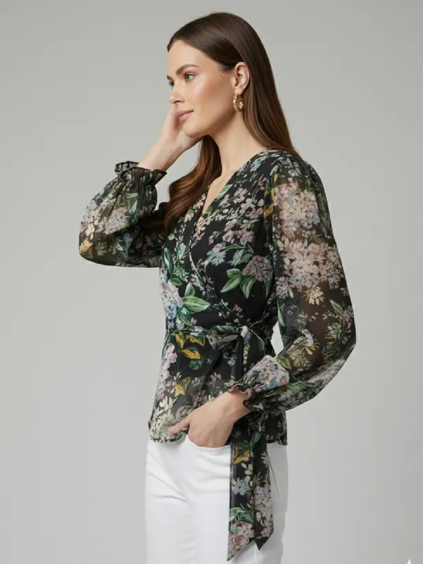 Floral_Printed_Black_Chiffon_V_Neck_Long_Puff_Sleeve_Waist_Tie-ups_Regular_Top_For_Women