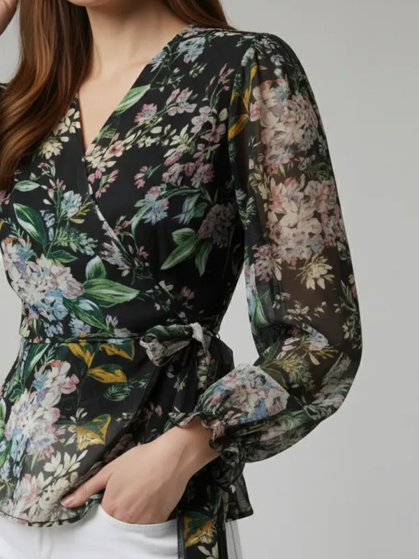 Floral_Printed_Black_Chiffon_V_Neck_Long_Puff_Sleeve_Waist_Tie-ups_Regular_Top_For_Women