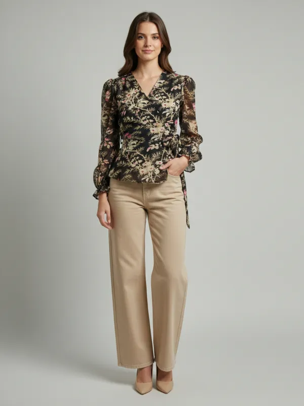 Floral_Printed_Black_Chiffon_V_Neck_Long_Puff_Sleeve_Waist_Tie-ups_Regular_Top_For_Women
