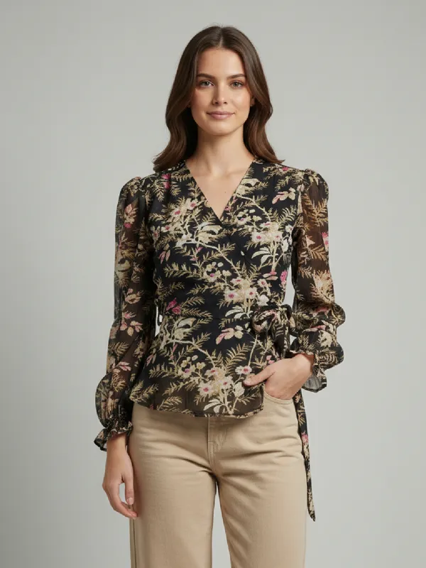Floral_Printed_Black_Chiffon_V_Neck_Long_Puff_Sleeve_Waist_Tie-ups_Regular_Top_For_Women