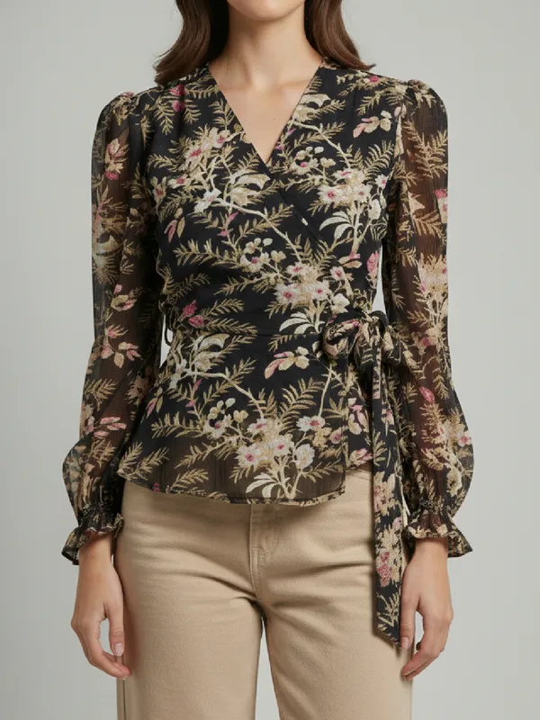 Floral_Printed_Black_Chiffon_V_Neck_Long_Puff_Sleeve_Waist_Tie-ups_Regular_Top_For_Women