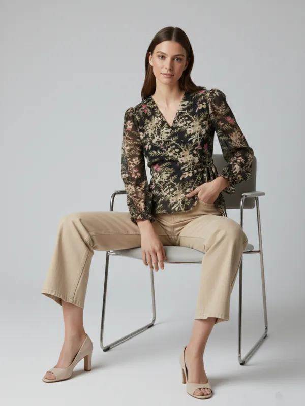Floral_Printed_Black_Chiffon_V_Neck_Long_Puff_Sleeve_Waist_Tie-ups_Regular_Top_For_Women