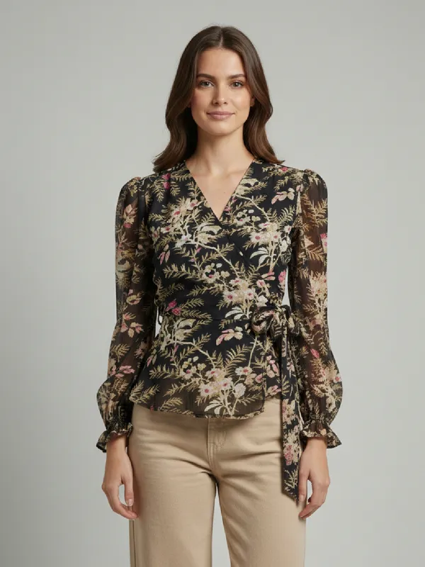 Floral_Printed_Black_Chiffon_V_Neck_Long_Puff_Sleeve_Waist_Tie-ups_Regular_Top_For_Women