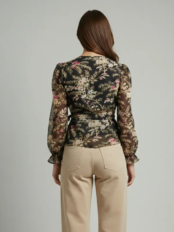 Floral_Printed_Black_Chiffon_V_Neck_Long_Puff_Sleeve_Waist_Tie-ups_Regular_Top_For_Women