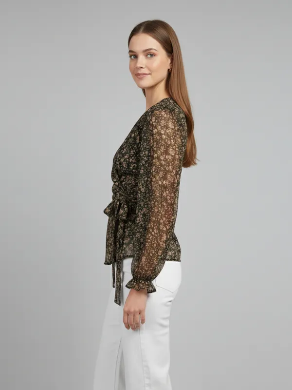 Floral_Printed_Black_Chiffon_V_Neck_Long_Puff_Sleeve_Waist_Tie-ups_Regular_Top_For_Women