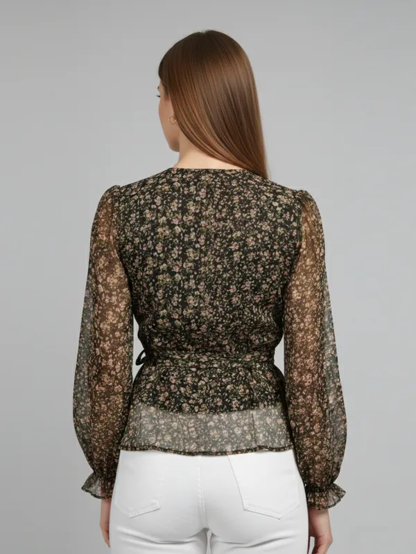 Floral_Printed_Black_Chiffon_V_Neck_Long_Puff_Sleeve_Waist_Tie-ups_Regular_Top_For_Women