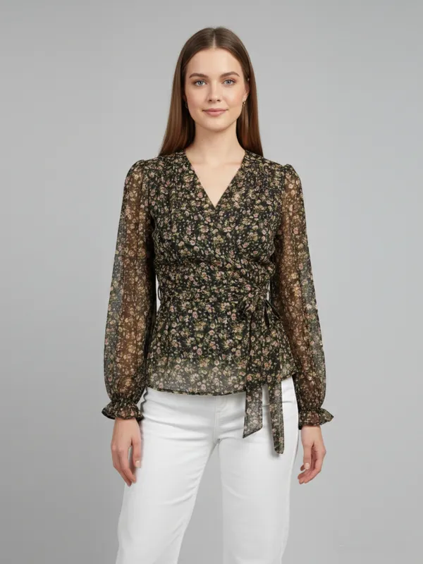 Floral_Printed_Black_Chiffon_V_Neck_Long_Puff_Sleeve_Waist_Tie-ups_Regular_Top_For_Women