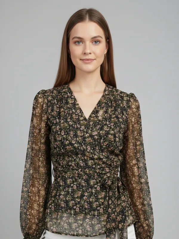Floral_Printed_Black_Chiffon_V_Neck_Long_Puff_Sleeve_Waist_Tie-ups_Regular_Top_For_Women
