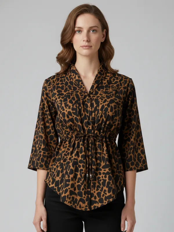Animal_Printed_Brown_Crepe_Collared_Neck_3/4th_Sleeve_Waist_Tie-ups_Regular_Top_For_Women