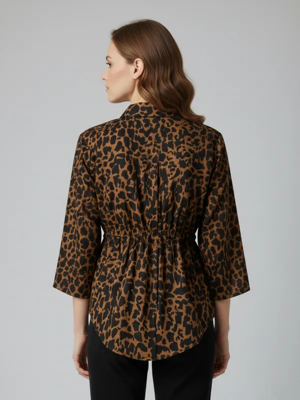 Animal_Printed_Brown_Crepe_Collared_Neck_3/4th_Sleeve_Waist_Tie-ups_Regular_Top_For_Women