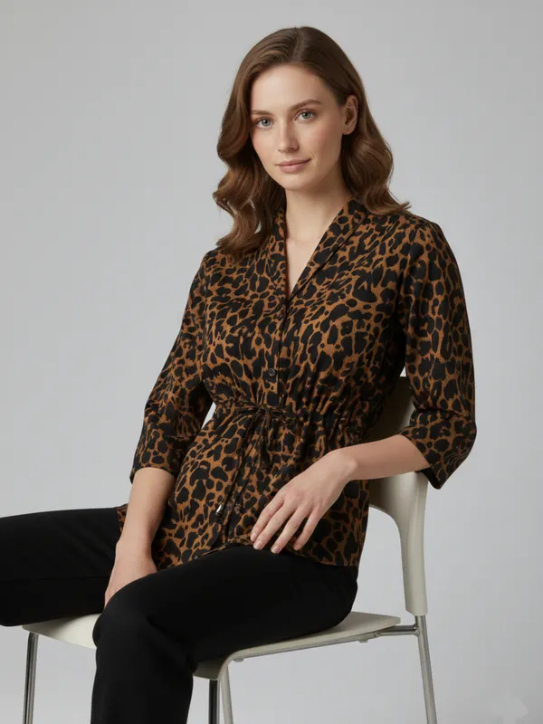 Animal_Printed_Brown_Crepe_Collared_Neck_3/4th_Sleeve_Waist_Tie-ups_Regular_Top_For_Women