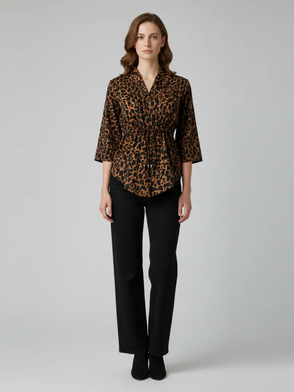Animal_Printed_Brown_Crepe_Collared_Neck_3/4th_Sleeve_Waist_Tie-ups_Regular_Top_For_Women