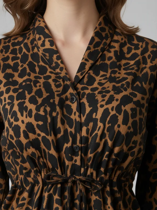 Animal_Printed_Brown_Crepe_Collared_Neck_3/4th_Sleeve_Waist_Tie-ups_Regular_Top_For_Women