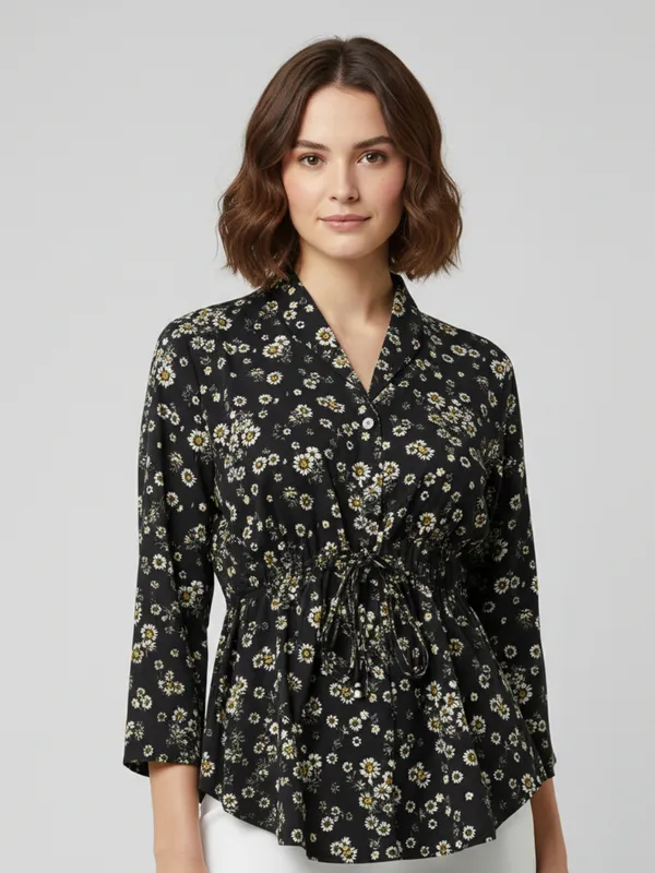 Floral_Printed_Black_Summercool_Collared_Neck_3/4th_Sleeve_Waist_Tie-ups_Regular_Top_For_Women