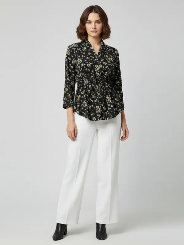 Floral_Printed_Black_Summercool_Collared_Neck_3/4th_Sleeve_Waist_Tie-ups_Regular_Top_For_Women