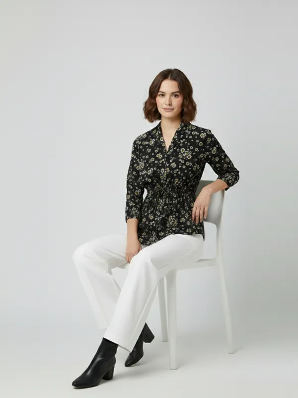 Floral_Printed_Black_Summercool_Collared_Neck_3/4th_Sleeve_Waist_Tie-ups_Regular_Top_For_Women