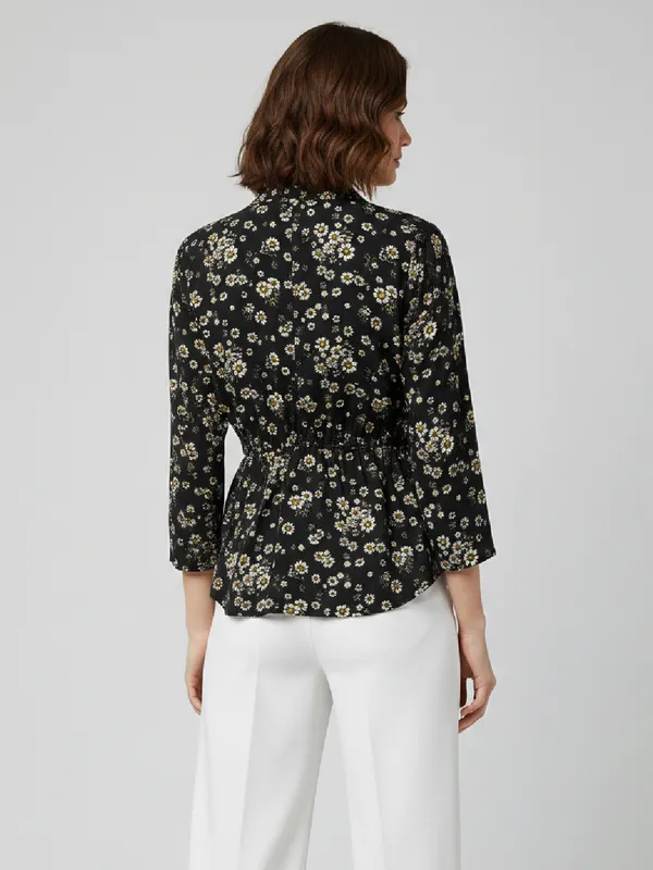 Floral_Printed_Black_Summercool_Collared_Neck_3/4th_Sleeve_Waist_Tie-ups_Regular_Top_For_Women