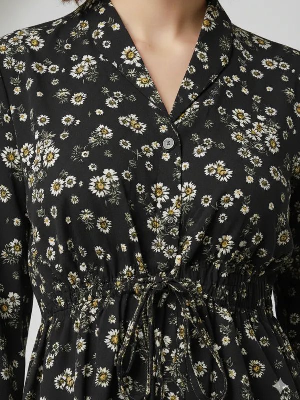 Floral_Printed_Black_Summercool_Collared_Neck_3/4th_Sleeve_Waist_Tie-ups_Regular_Top_For_Women