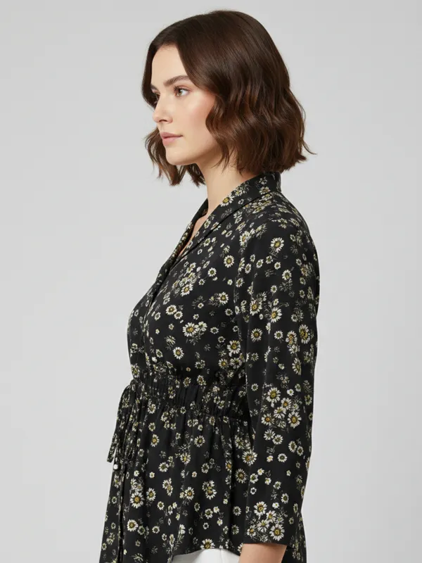 Floral_Printed_Black_Summercool_Collared_Neck_3/4th_Sleeve_Waist_Tie-ups_Regular_Top_For_Women