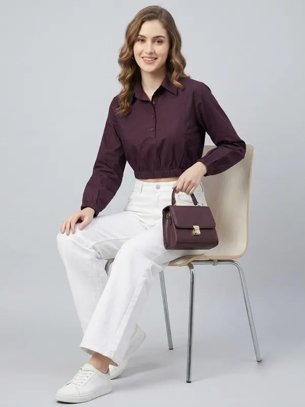 Solid_Wine_Poplin_Collared_Neck_Long_Sleeve_Crop_Top