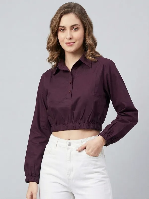 Solid_Wine_Poplin_Collared_Neck_Long_Sleeve_Crop_Top