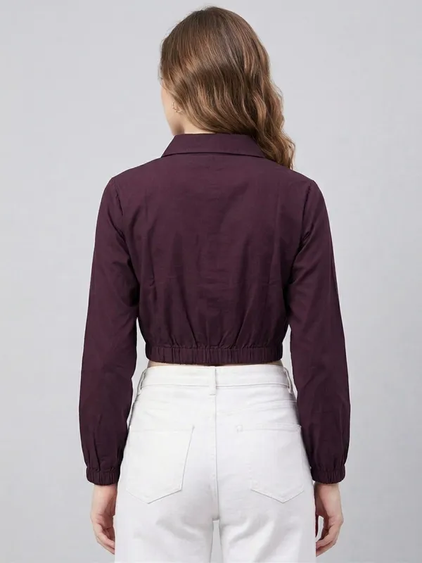 Solid_Wine_Poplin_Collared_Neck_Long_Sleeve_Crop_Top
