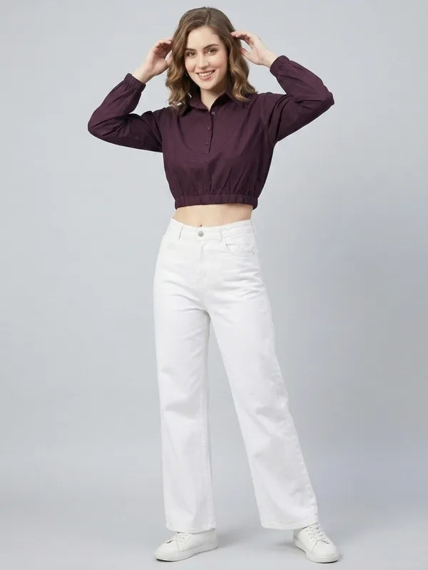 Solid_Wine_Poplin_Collared_Neck_Long_Sleeve_Crop_Top