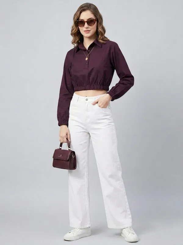Solid_Wine_Poplin_Collared_Neck_Long_Sleeve_Crop_Top
