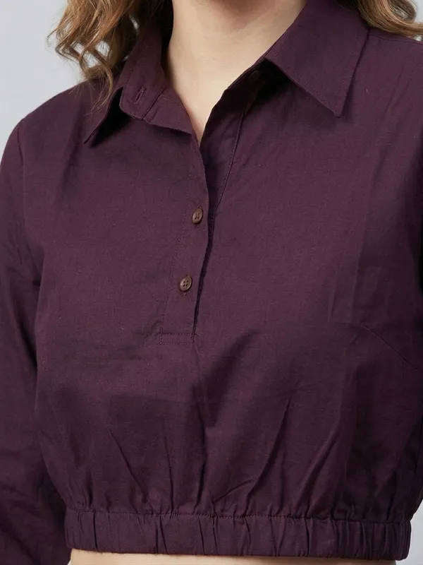 Solid_Wine_Poplin_Collared_Neck_Long_Sleeve_Crop_Top